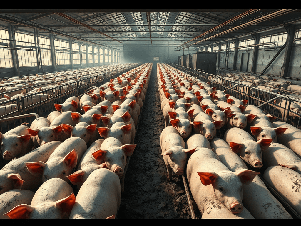 Imatge d'una granja d'animals amb porcs alineats en gàbies, mostrant una gran densitat d'animals en un espai industrial.