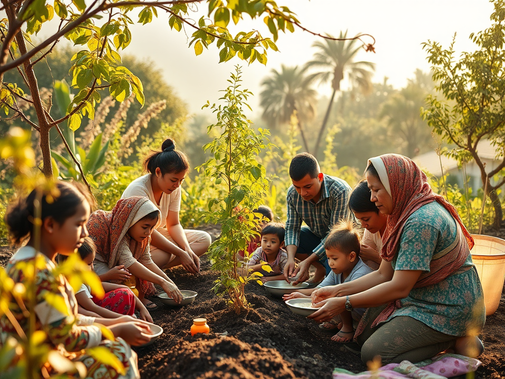 Grup de persones plantant junts en un hort, amb nens i adults treballant en col·laboració entre arbres i plantes.