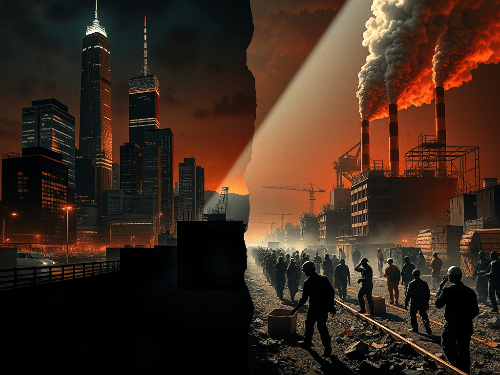 Imatge dividida que mostra, d’un costat, l’skyline vibrant d’una ciutat i, de l’altre, un escenari industrial dur amb treballadors i contaminació, evidenciant la desigualtat de riquesa i els problemes ambientals.