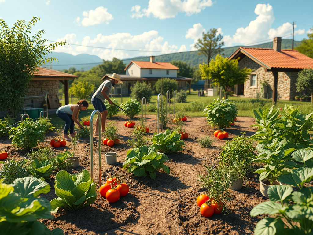 Dues persones treballant en un hort ecològic, recolzant-se en cultius com tomàquets i verdures, amb cases rústiques de fons i un cel assolellat.