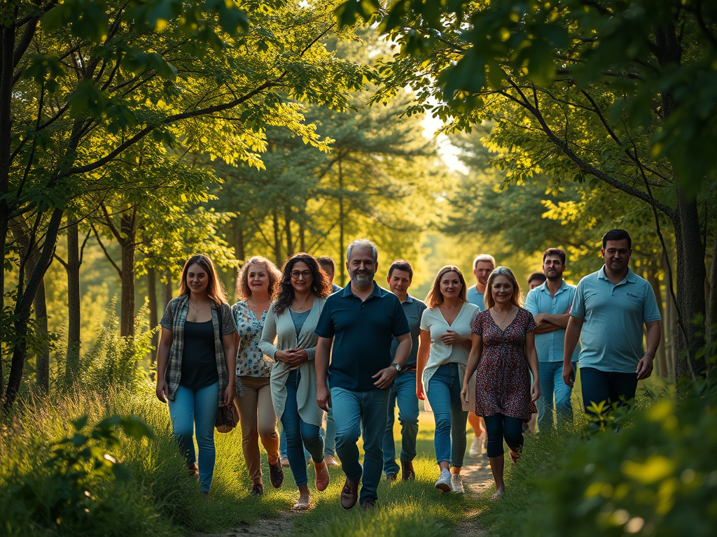Un grup de persones caminen juntes pel bosc en una tarda asolellada, envoltades de vegetació exuberant.