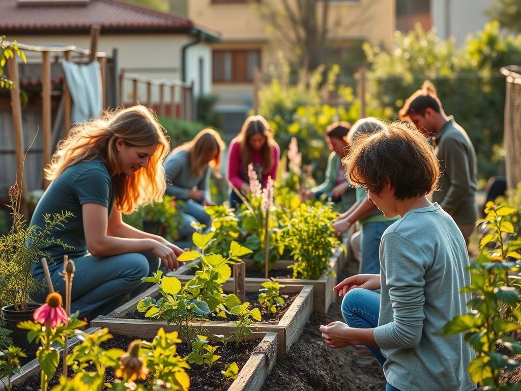 Un grup de persones treballant en un hort comunitari, cuidant plantes i cultivant el sòl en un ambient de col·laboració i sostenibilitat.