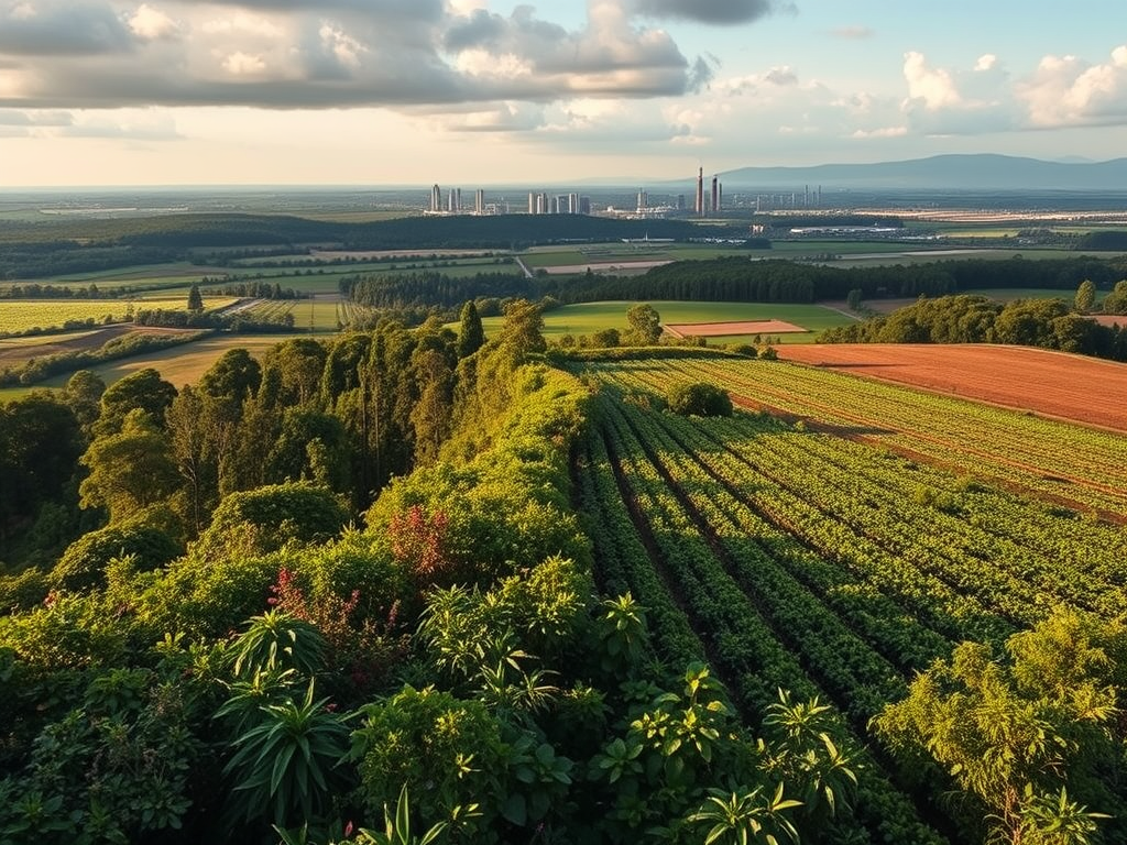 Vista panoràmica d'un paisatge agrícola amb camps de vinyes, arbres i una línia d'indústries al fons.