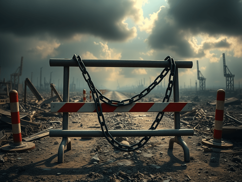 Barricada de seguretat amb cadenes en un entorn industrial deteriorat, amb un cel nuvolat i màquines al fons.