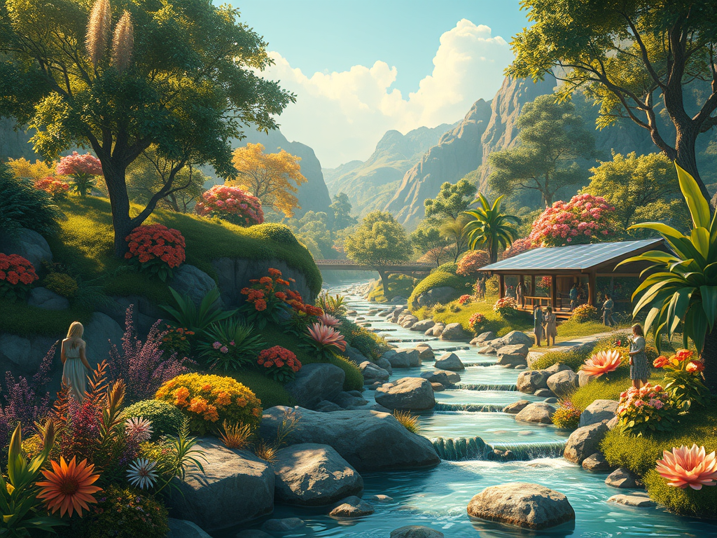 Una vista serena d'un paisatge natural amb un riu que flueix entre roques i vegetació exuberant. Hi ha una cabana amb panells solars i persones interactuant amb l'entorn, envoltades de flors i arbres en un dia assolellat.