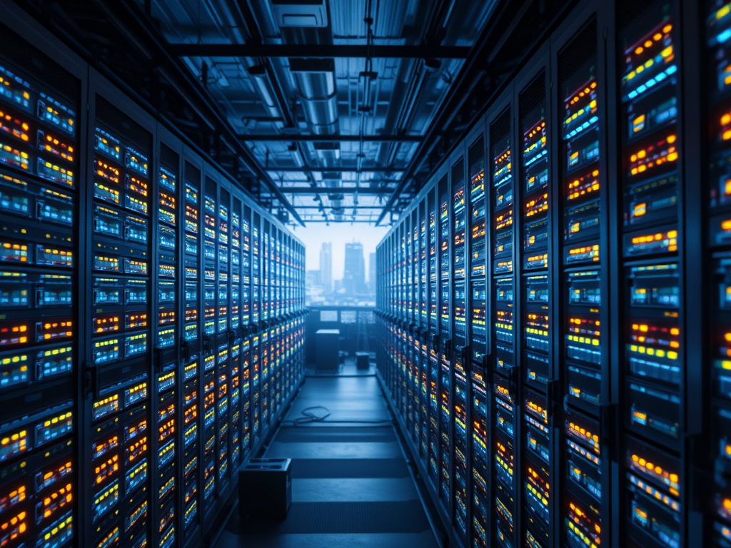 Interior d'un centre de dades amb fileres de servidors i llums LED en funcionament, amb vista de la ciutat al fons.