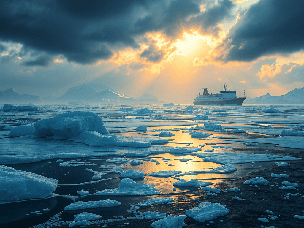 Un vaixell navegant entre blocs de gel en un paisatge polar amb núvols i raigs de sol assolellant la superfície de l'aigua.