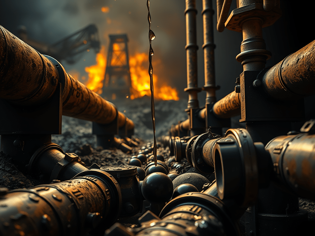 Tubs de fer i canonades d'oli en un entorn industrial amb flames a fons, mostrant la infraestructura petroliera deteriorada.