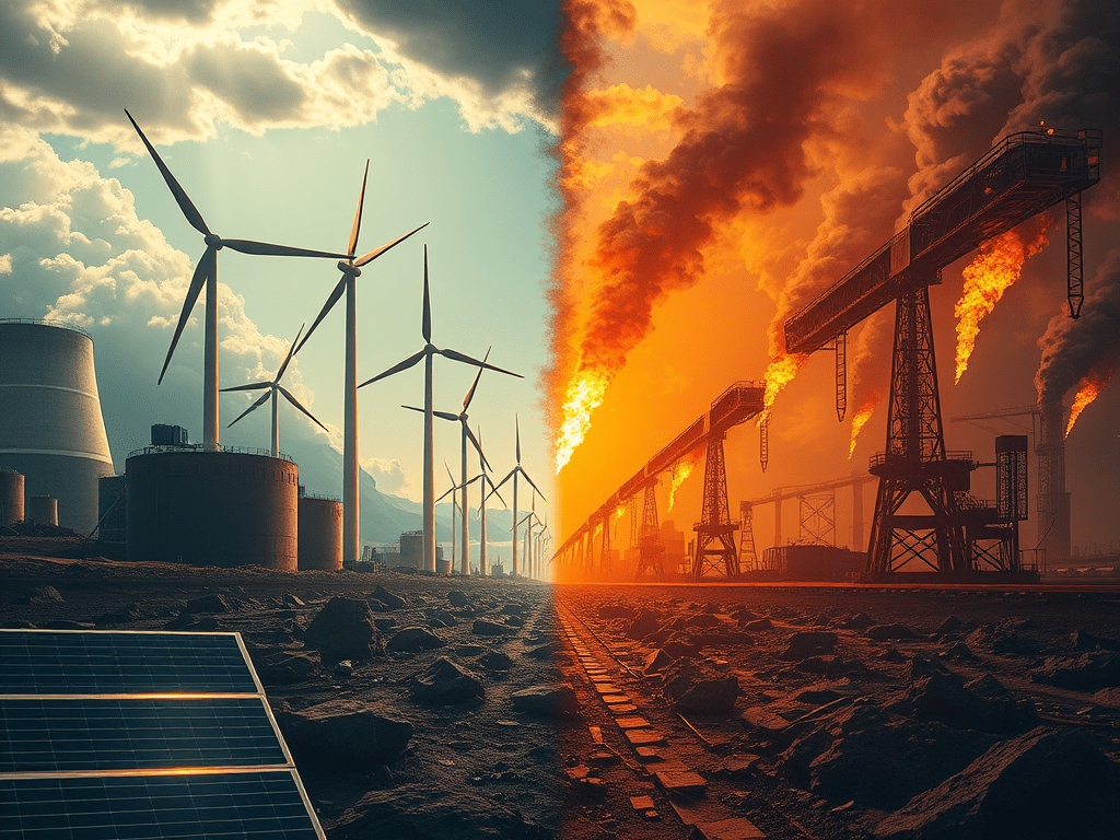 Imatge que mostra un contrast entre fonts d'energia renovable, com aerogeneradors i panells solars, i instal·lacions industrials que emeten fum i flames, simbolitzant la transició energètica i els desafiaments associats a la substitució de combustibles fòssils.