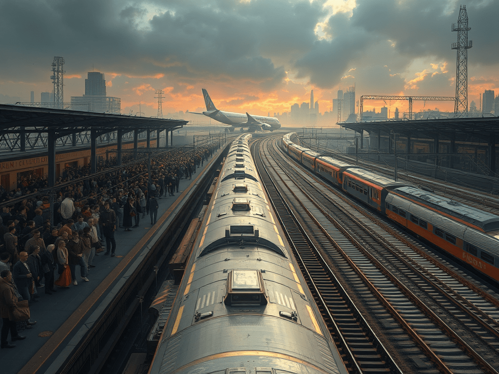 Estació de tren amb un gran nombre de passatgers esperant a les andanes, amb trens aparcats i un avió enlairant-se al fons, sota un cel núvol durant el capvespre.