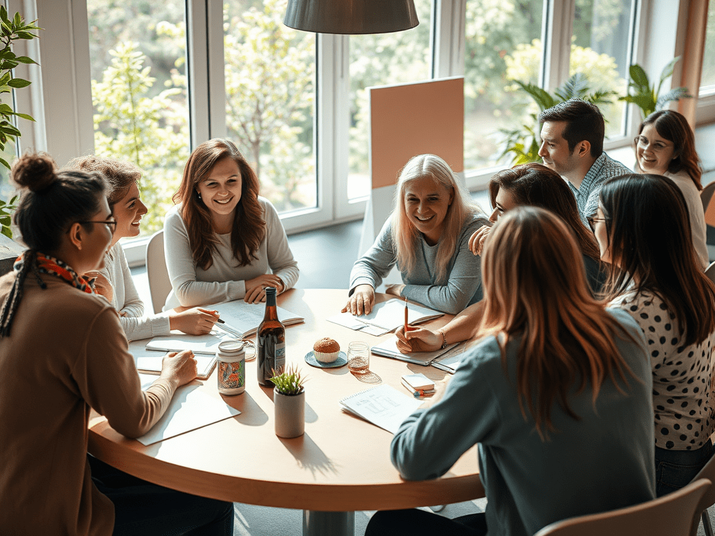 Un grup de persones en una reunió, discutint i treballant en un entorn col·laboratiu amb documents i begudes sobre la taula.