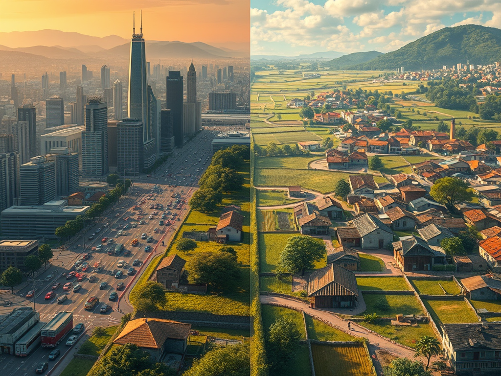 Divided image contrasting a bustling urban skyline with tall skyscrapers and busy streets on the left, and a serene rural landscape with small houses and lush green fields on the right.