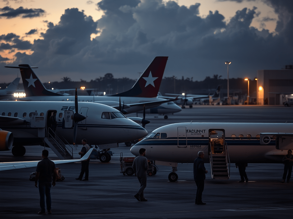 Aeroport al capvespre amb avions estacionats i personal a prop de les escales d'embarcament.