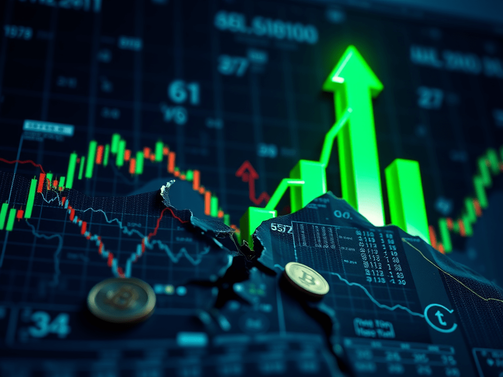 Gràfica d'anàlisi financera amb línies verdes que pugen, monedes de bitcoin i un fons de dades del mercat.