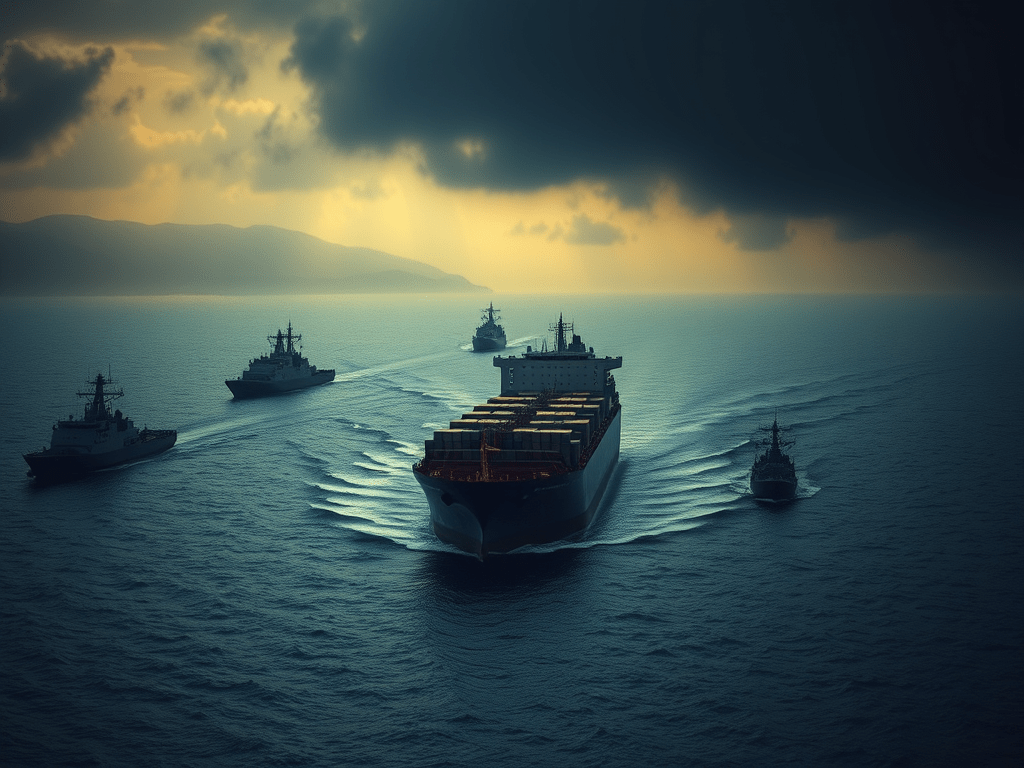Vista d'un grup de vaixells al mar, amb un gran vaixell de càrrega al centre i embarcacions més petites al voltant, sota un cel nuvolós.