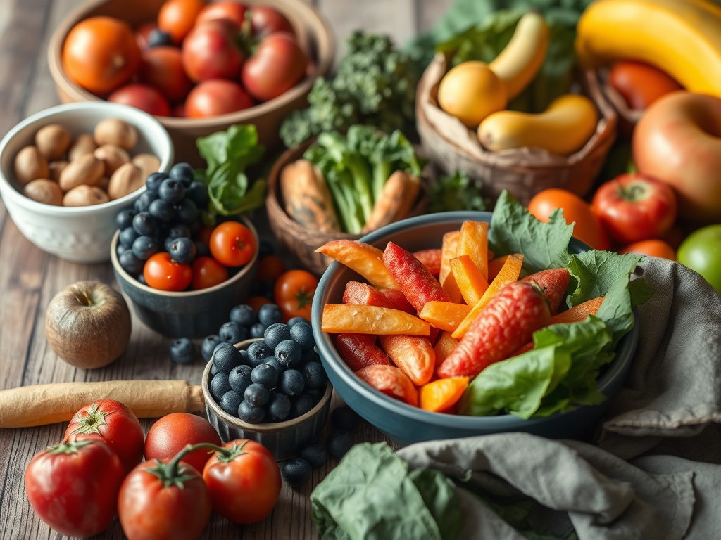 Varietat de fruites i verdures fresques sobre una taula de fusta, incloent tomàquets, plàtans, nabius, pebrots de colors, ametlles i altres ingredients saludables.