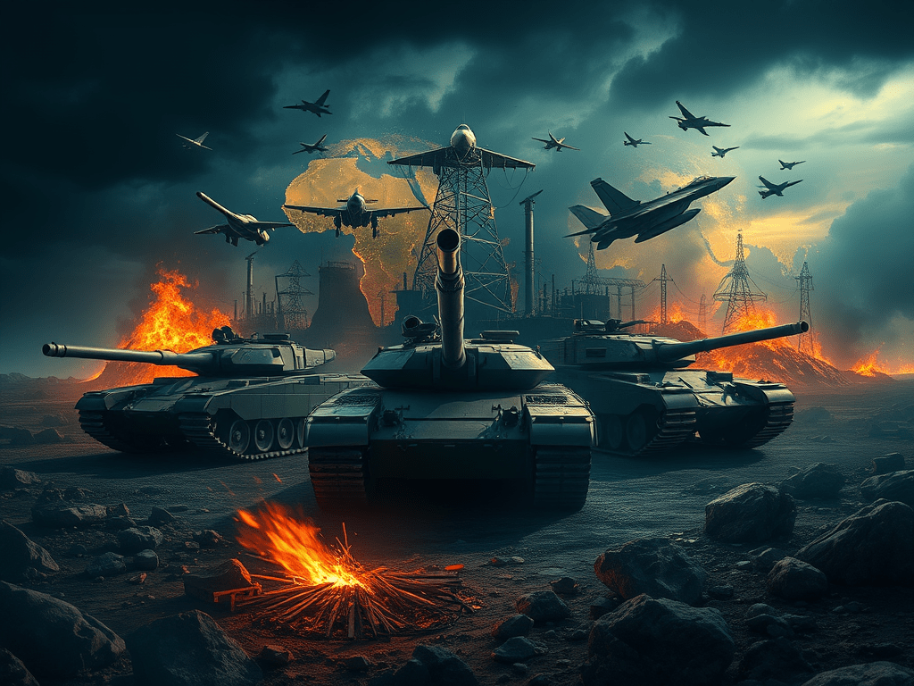 Tres tancs en un paisatge apocalíptic amb foc, explosions i avions de combat volant pel cel.