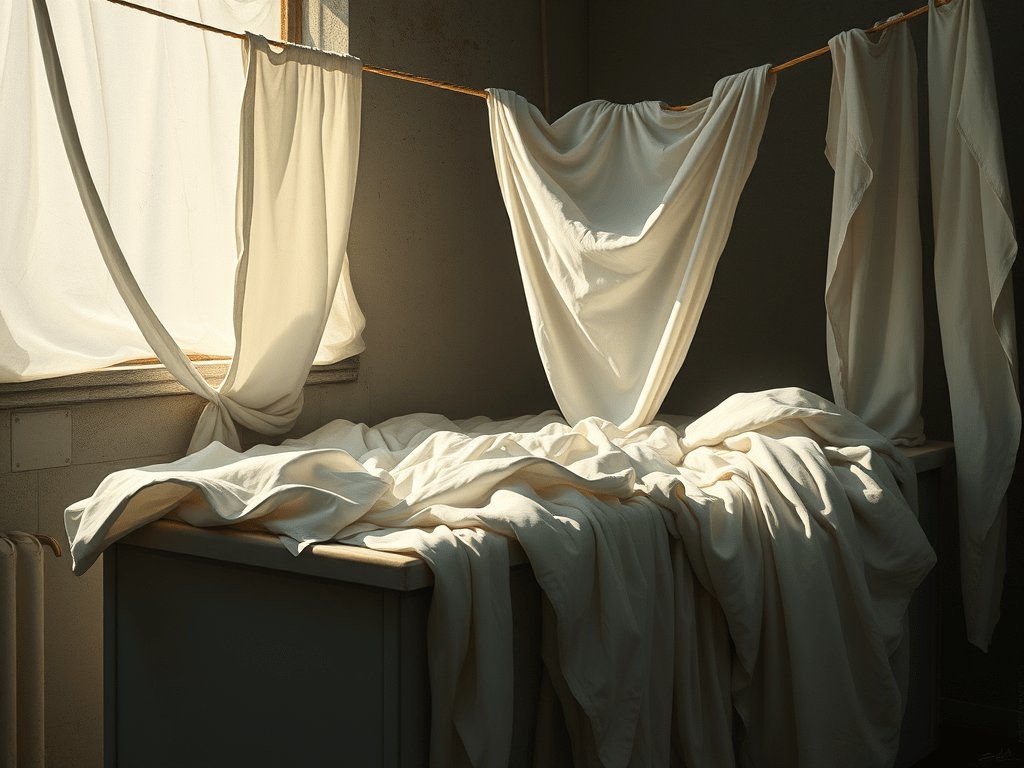 Cortines blanques penjant d'una corda en una habitació il·luminada per la llum del sol, amb draps blancs estendits sobre una taula.