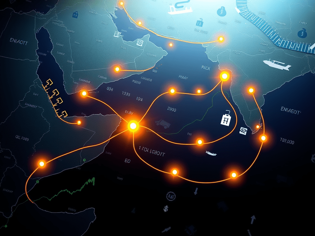 Mapa de connexions marítimes i aèries amb punts destacats iluminats, representant rutes comercials a la regió del Golf Pèrsic i l'Índia.
