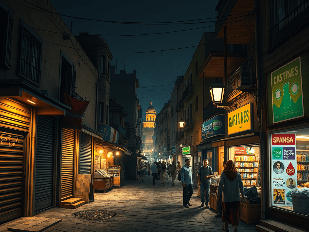 Carrer il·luminat amb tendes i botigues a la nit, amb gent passejant i un edifici emblemàtic al fons.
