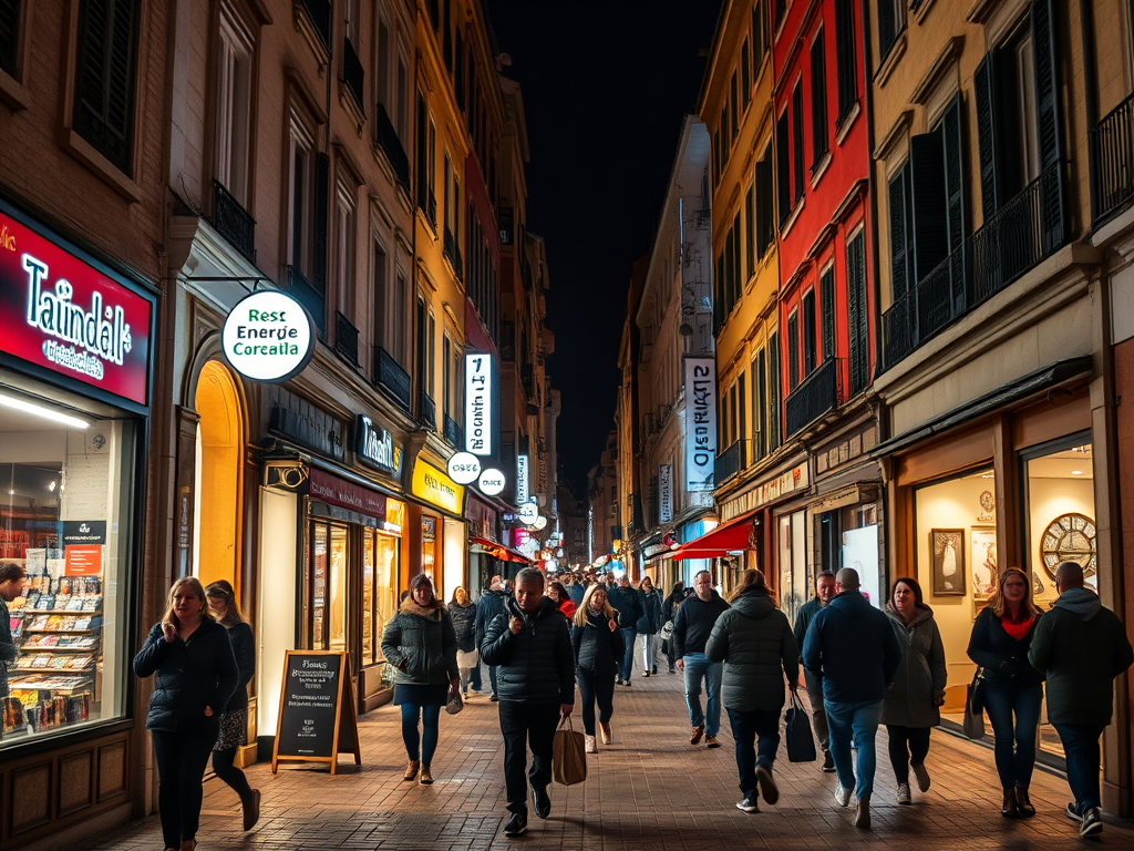 Carrer il·luminat durant la nit amb vianants passejant i botigues amb cartells visibles.