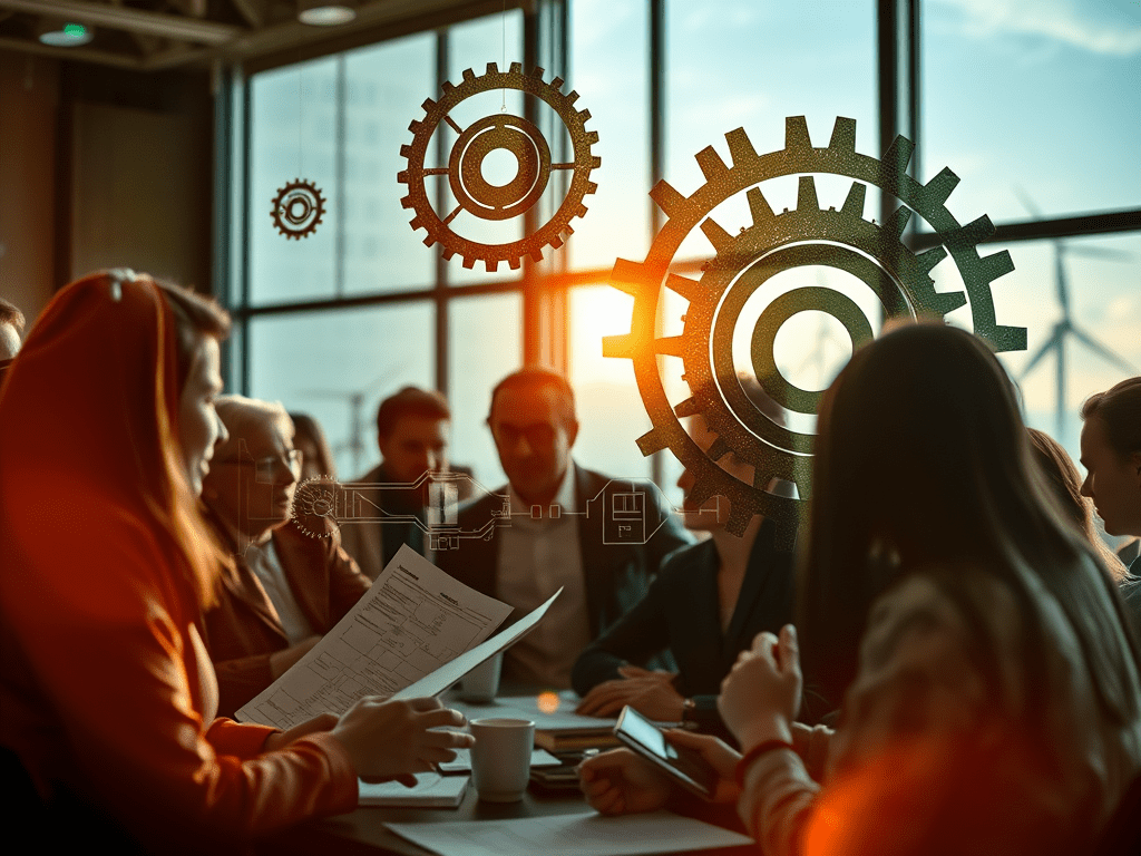 Reunió d'un grup de persones en una sala amb engranatges flotants i llum natural entrant per les finestres.