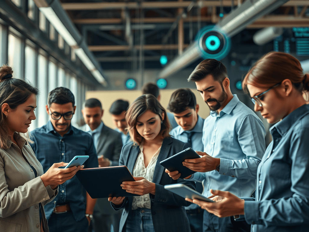Un grup de professionals en una oficina moderna, utilitzant dispositius mòbils i tablets mentre treballen en equip.