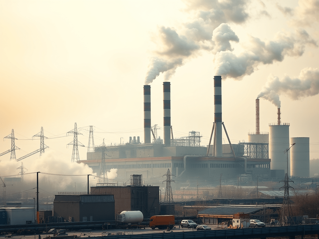 Una fàbrica industrial amb xemeneies alliberant fums a l'atmosfera, envoltada de línies elèctriques i edificis en un entorn contaminat.
