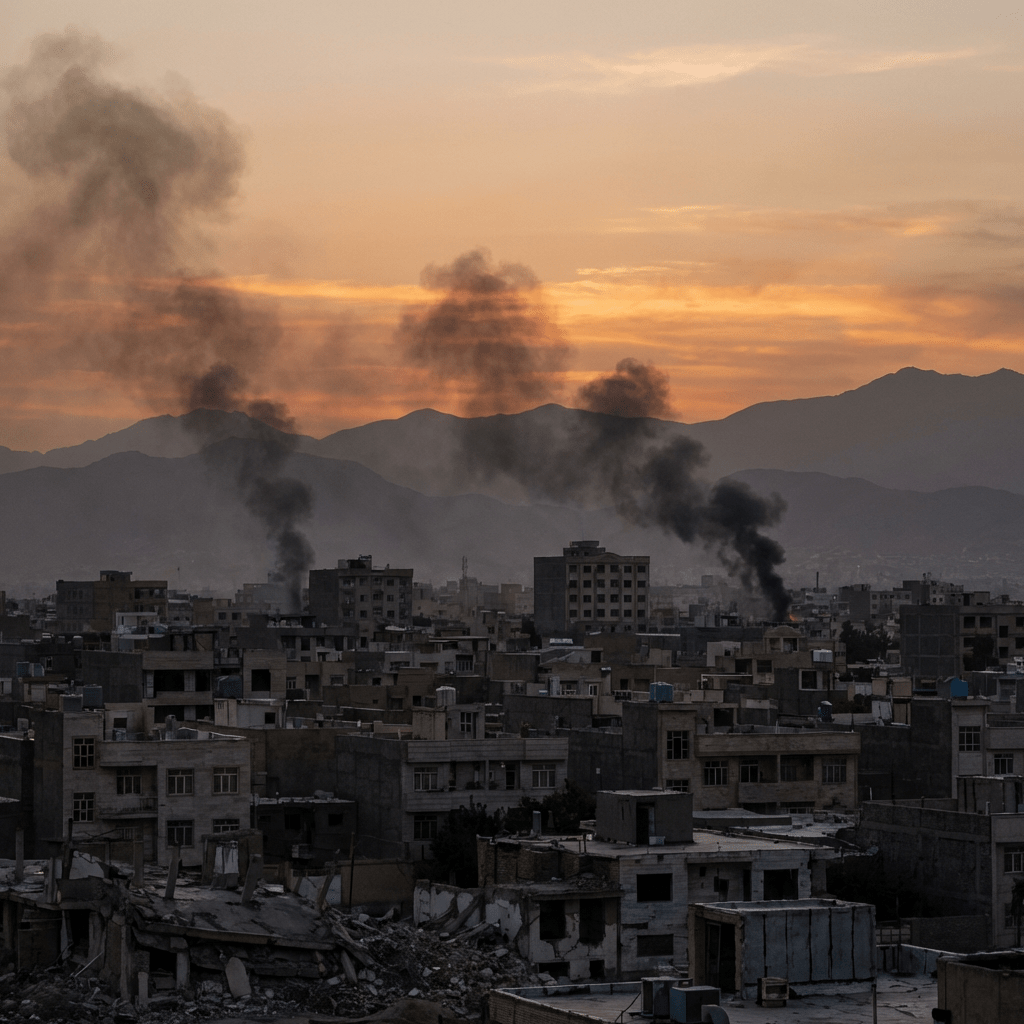 Imatge actual: Plumes of smoke billow from a city skyline with mountains in the background.