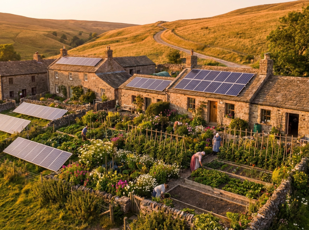 Cases de pedra rurals amb panells solars al terrat i veïns cultivant horts productius.