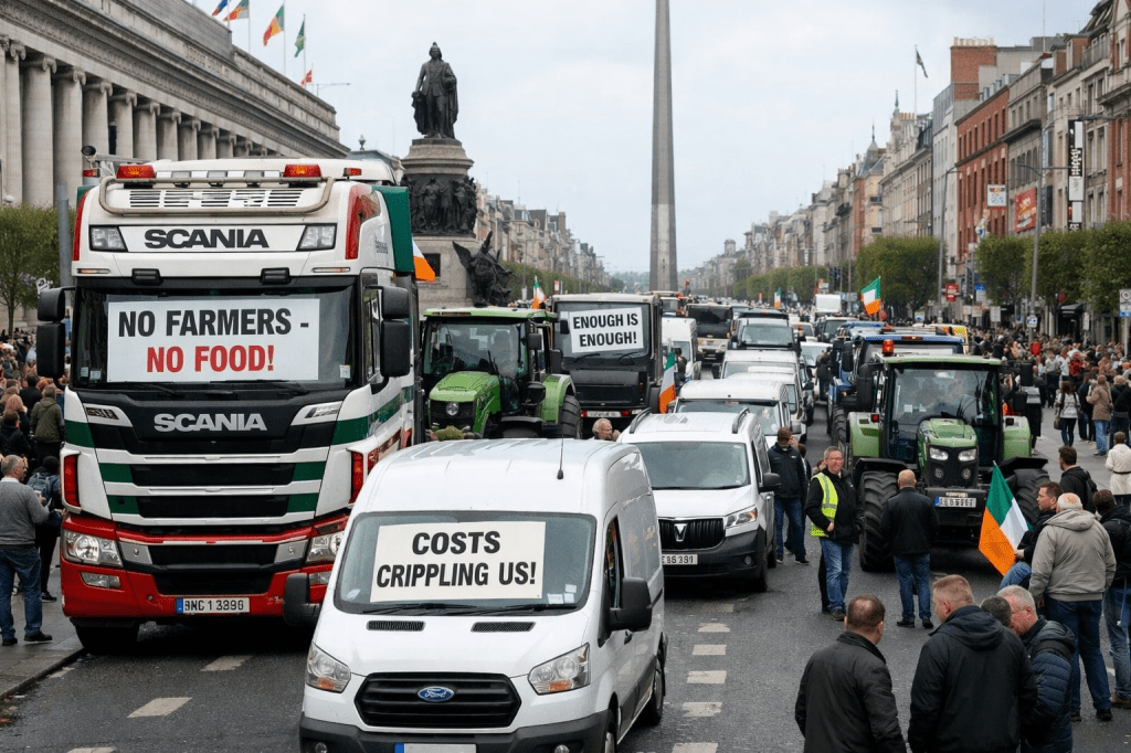 Imatge actual: Tractors and vehicles in a farmers protest with signs reading No Farmers No Food, Costs Crippling Us, and Enough Is Enough