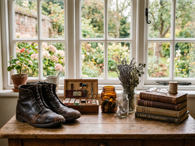 Worn leather boots, sewing kit with threads and scissors, jars with buttons and pins, dried lavender, and stacked books on a wooden table near a window