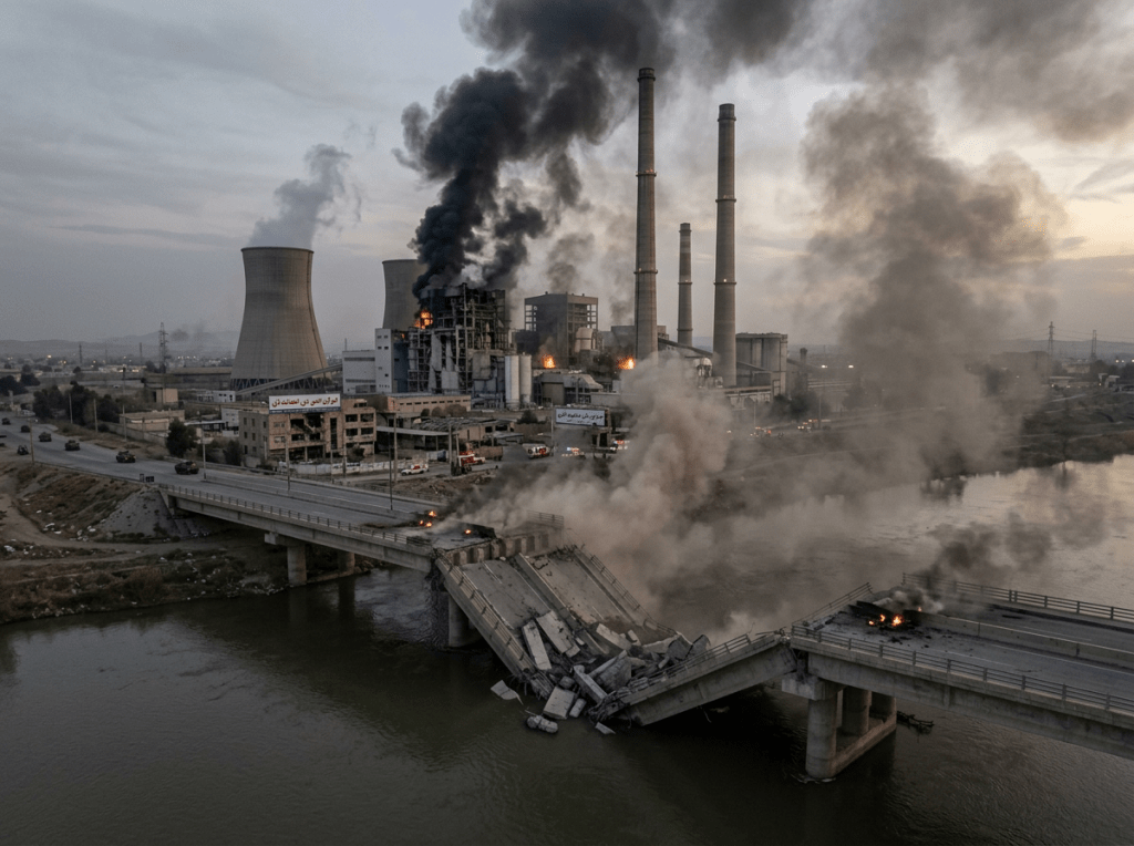 Imatge actual: Collapsed bridge over river with smoke and fire near industrial plant with cooling towers