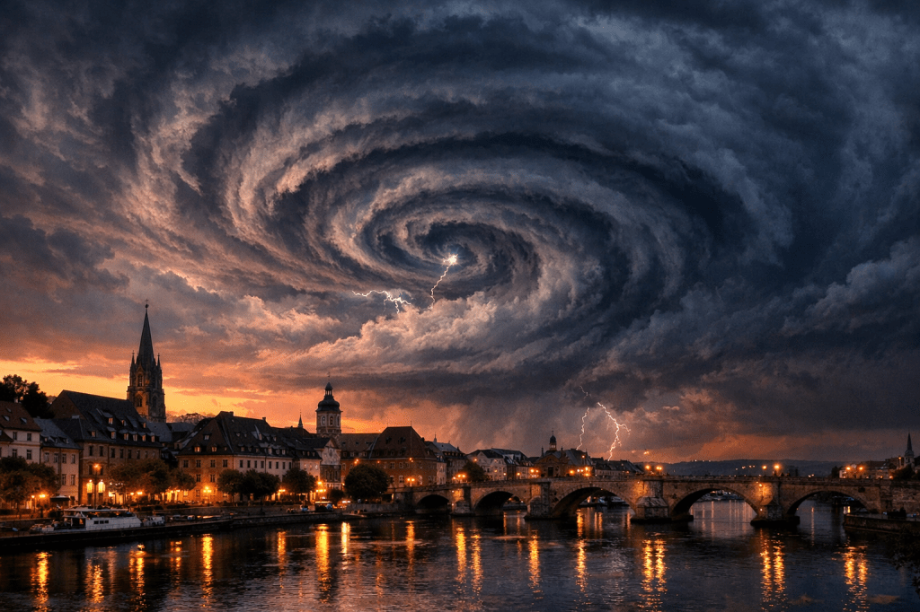 Imatge actual: Swirling dark storm clouds with lightning above a stone bridge and historic city buildings at sunset