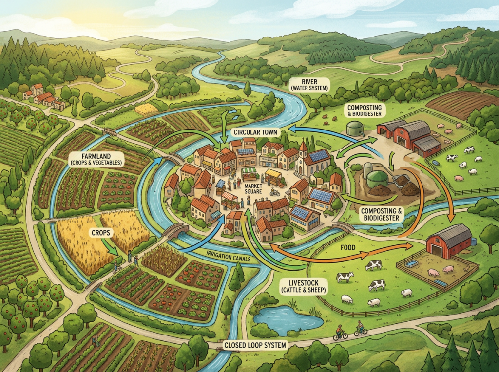Imatge actual: Diagram of a circular town with farmland, livestock, irrigation canals, composting, and river system
