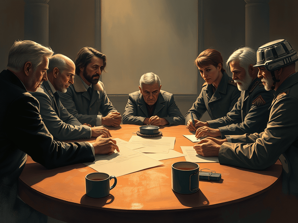 Un grup de set persones en una reunió seriosa al voltant d'una taula, amb documents i tasses de cafè sobre la superfície.