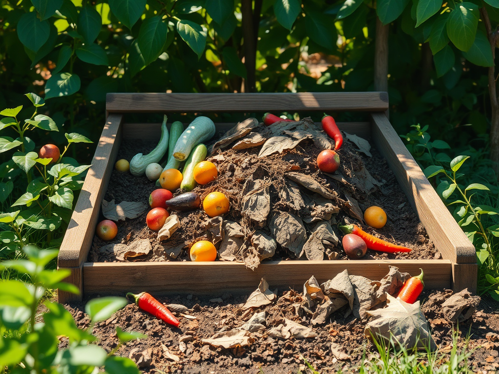 Un compostador de fusta amb una pila de residus orgànics, incloent-hi verdures, fruites i fulles seques, rodejat de vegetació.