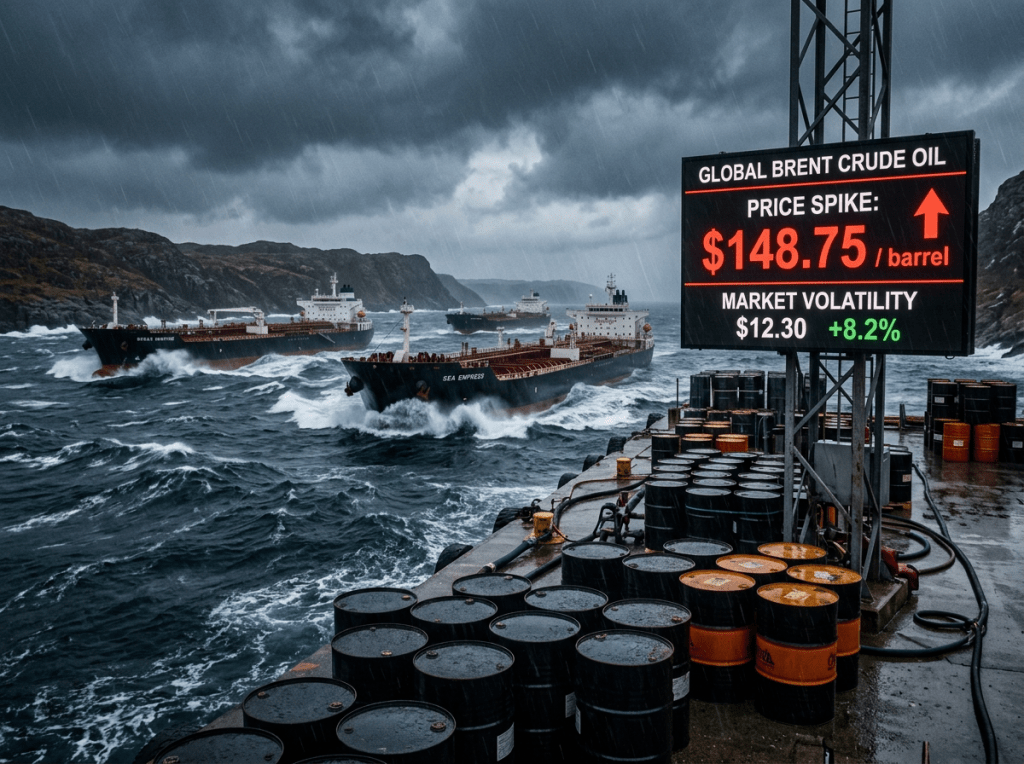 Imatge actual: Oil tankers sailing on turbulent seas with barrels on pier and sign showing Brent crude oil price spike at $148.75 per barrel