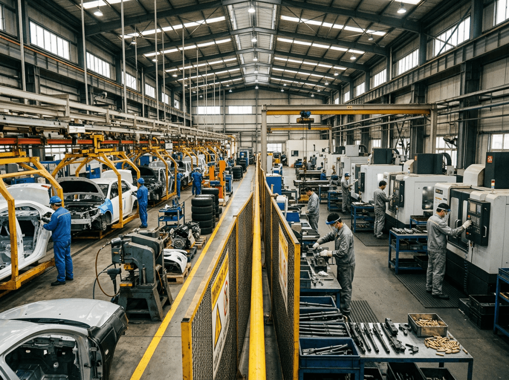 Imatge actual: Workers assembling car bodies on an automotive production line and operating machining equipment in a large factory
