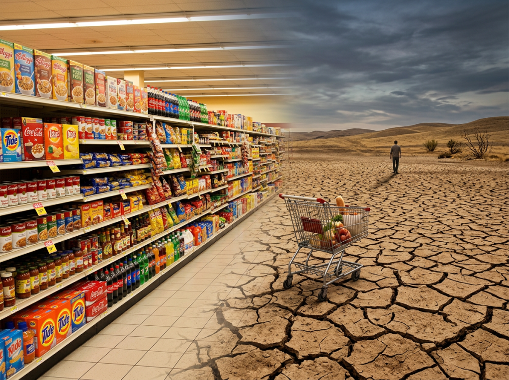 Imatge actual: Grocery store aisle transitioning into a cracked desert landscape with a shopping cart and a person walking