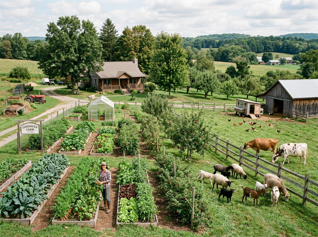 Imatge actual: Person harvesting vegetables in raised garden beds next to grazing livestock on a family farm