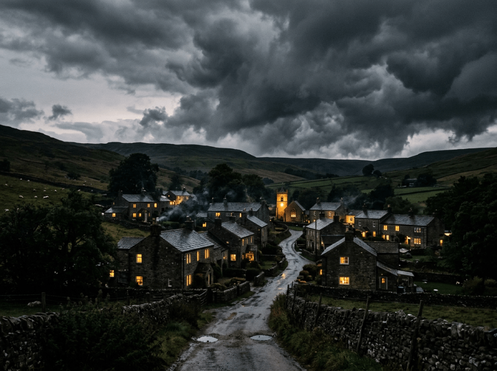 Imatge actual: Small rural village with stone houses and lit windows under dark storm clouds