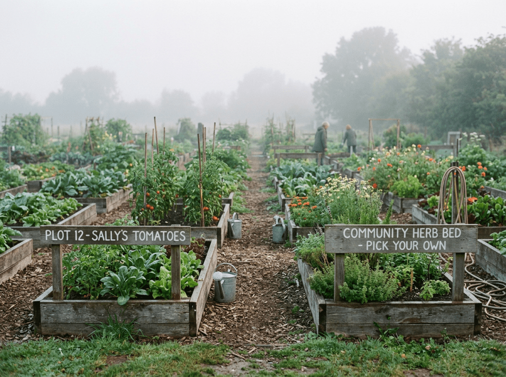 Imatge actual: Raised garden beds with tomatoes and herbs labeled for community and personal use