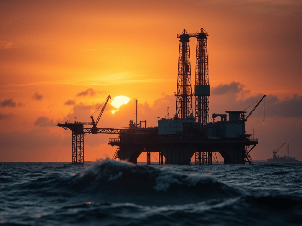 Plataforma petrolera en el mar al atardecer, iluminada por un cielo naranja y reflejando las olas del océano.