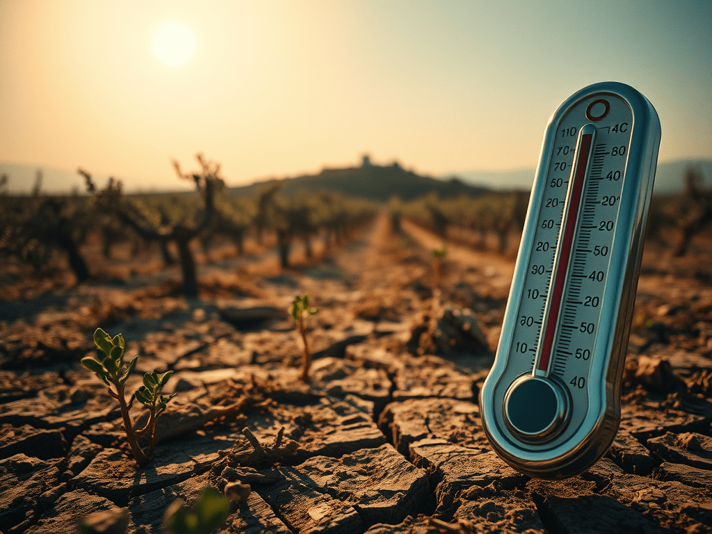Termòmetre de mesura amb temperatures superiors a 40 °C en un vinya seca i afectada per l'escalfament global, amb el sol ponent-se de fons.