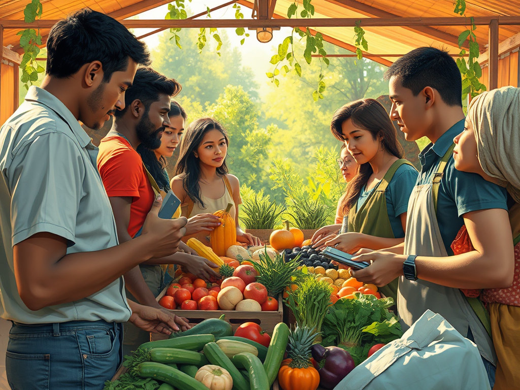 Un grup de persones seleccionant verdures i fruites fresques en un mercat local, amb un ambient comunitari i sostenible.