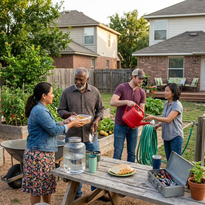 Four neighbors enjoy gardening and sharing food together in a backyard garden.