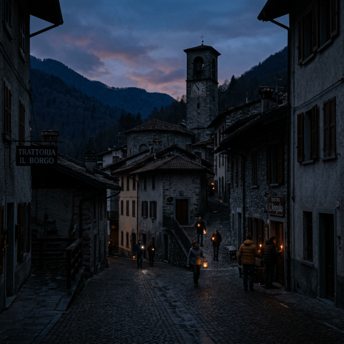 People carrying lanterns walking on cobblestone street in mountain village at dusk