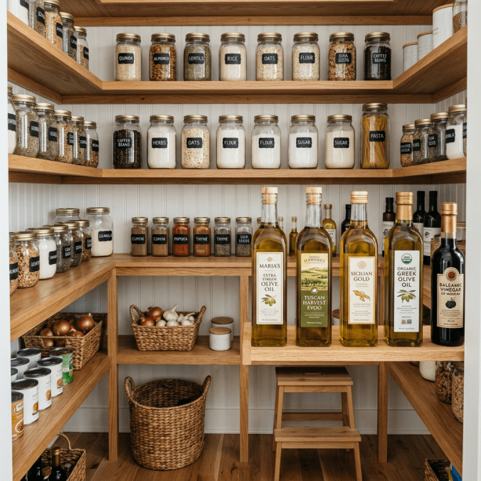 Pantry shelves filled with labeled glass jars containing grains, spices, and dry goods, baskets with onions and garlic, and bottles of olive oil and balsamic vinegar