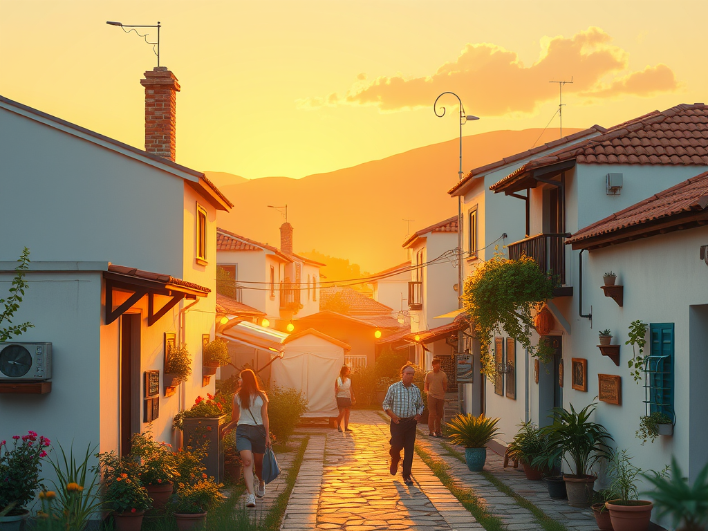 Carrer tranquil en un poble amb cases blanques al costat d'un camí empedrat, amb parets decorades amb plantes, al capvespre amb el sol ponent.